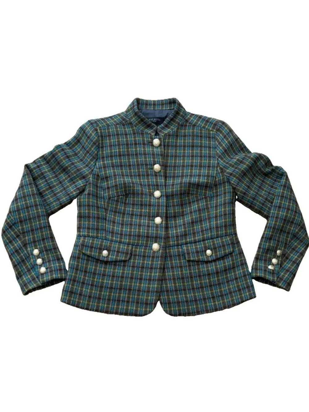 Talbots Shetland Officer Jacket 6P Green Plaid Wool Blend Gold Buttons